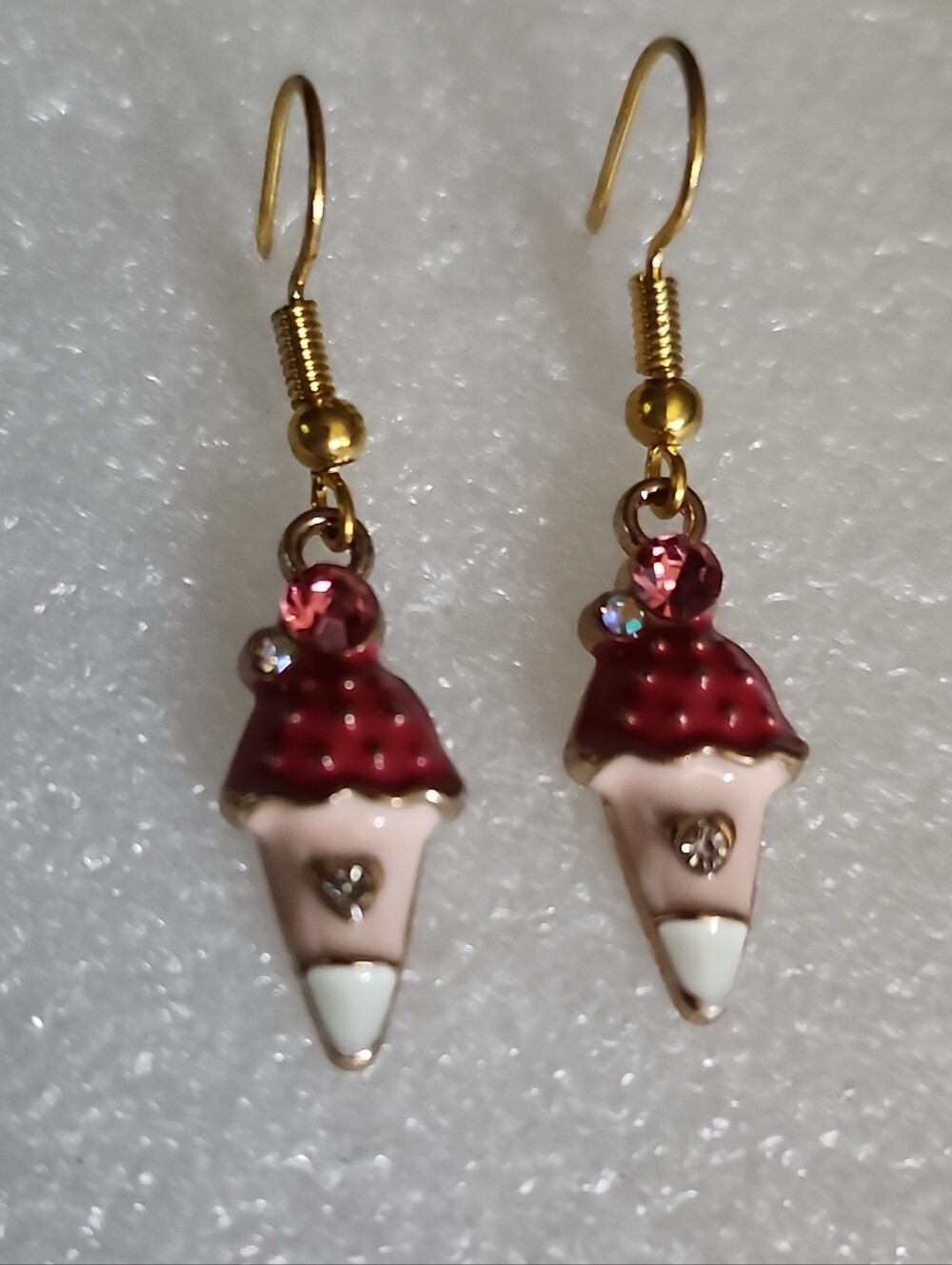 Hand Crafted Gold-Tone Ice Cream Cone Earrings in Red & Pink